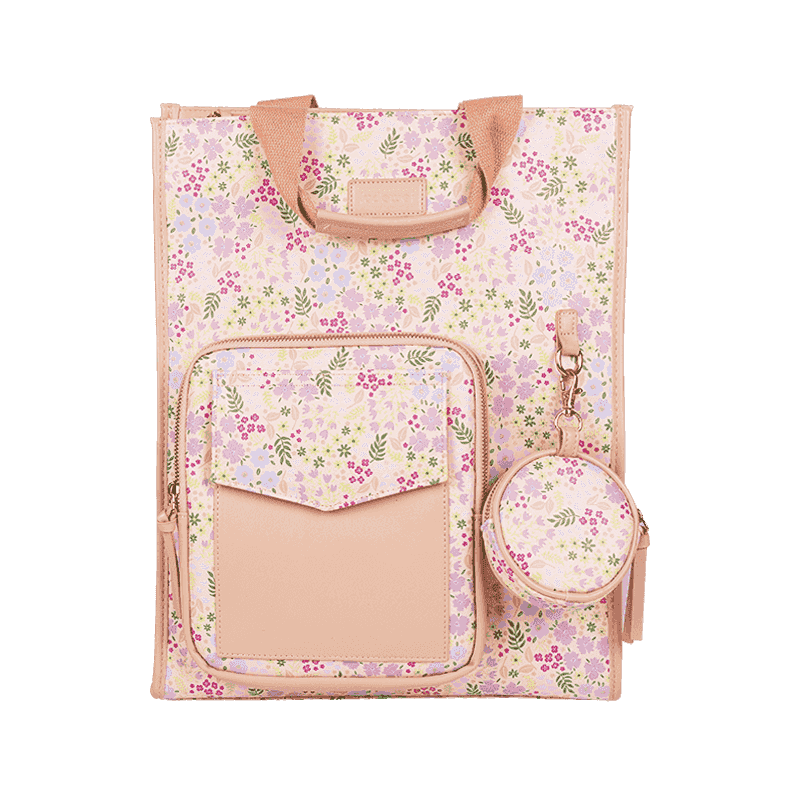 Pink PU Leather Floral Mommy Backpack with Mini Bag