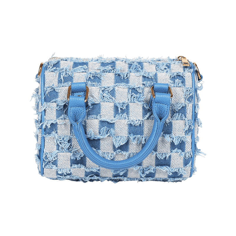 Blue Checkered Frayed Boston bag