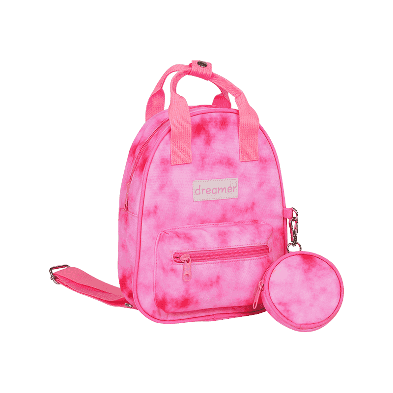 Pink smog printed small backpack with mini bag