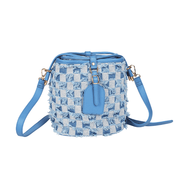 Denim Checkered Frayed Bucket Crossbody Bag