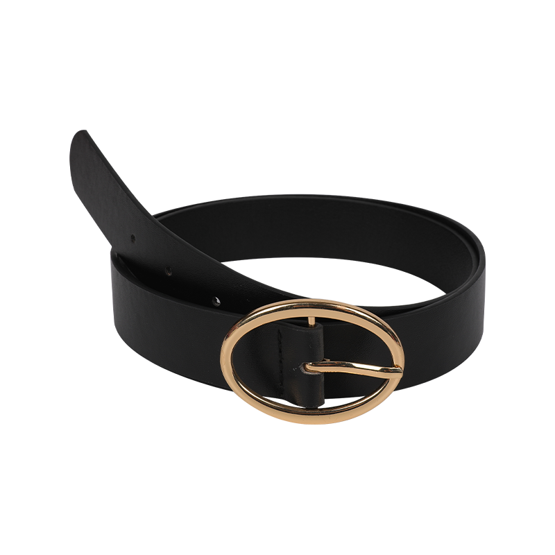 Black PU Leather Oval Gold Buckle Belt